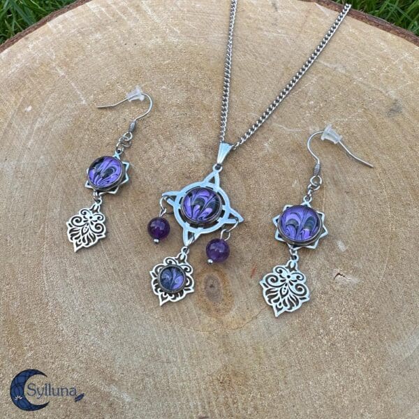Amethist Keltische Paarse Sieradenset- Oorbellen en Ketting-Sylluna 1